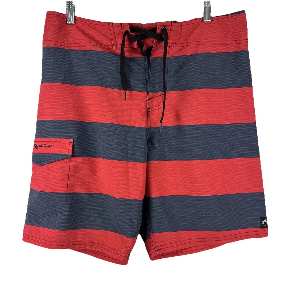 Rusty Board‎ Shorts Men 32 Red Gray Striped Y2K 2000s Surfboard Swim Trunks